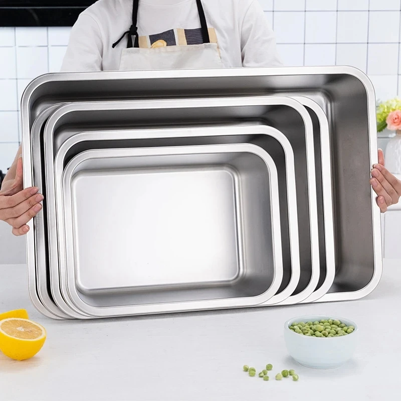 

Stainless Steel Food Trays Rectangle Fruit Vegetables Storage Pans Cake Bread Biscuits Dish Bakeware Kitchen Baking Plates