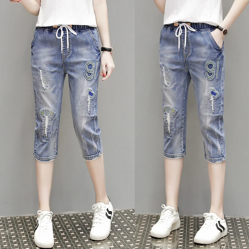 

Summer Women's Pants New Stretch High Waist Hole Jeans Embroidered Thin Casual Vintage Denim Calf-Length Harem Pants L-5XL