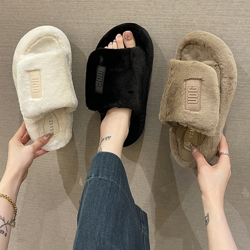 Comwarm Winter Fluffy Fur Slippers Women Fashion Plush Fuzzy Indoor Open Toe Flats Cotton Shoes Comfort House