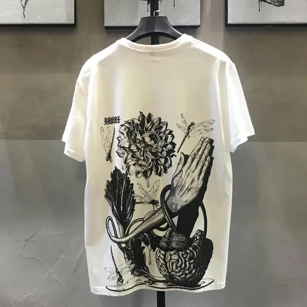 

High Street Cotton Casual T-shirt Summer Hip-hop Tatoo Short-sleeved Street Y2K Retro Hand-painted Loose Top Men's Clothing