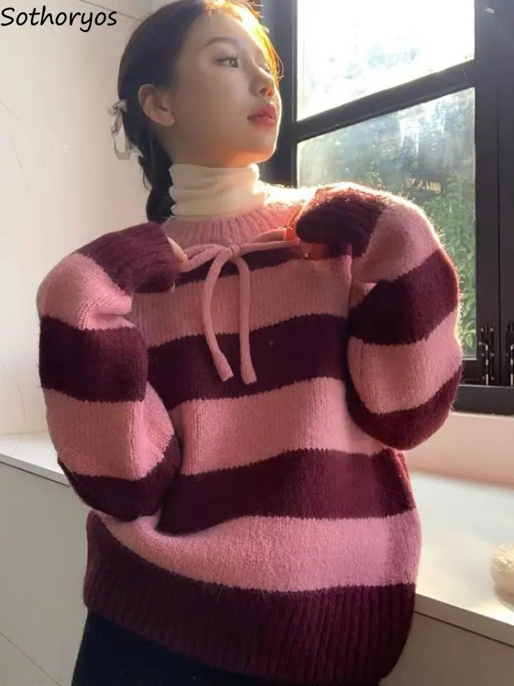 

Пуловеры женские осенние в полоску с бантом, 3 цвета, универсальные вязаные модные повседневные шикарные Ретро стильные базовые свитера в Корейском стиле Ins