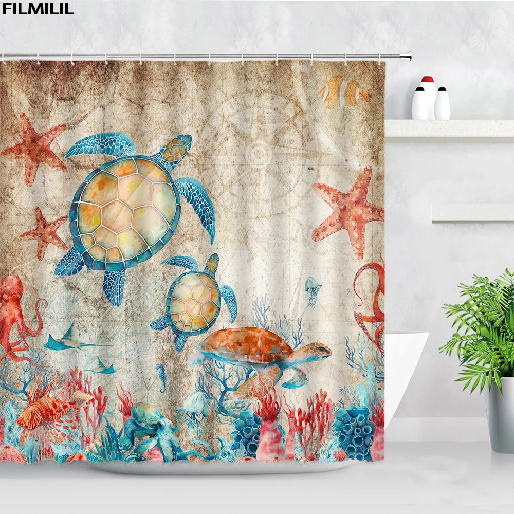 

Sea Turtle Shower Curtains Watercolor Starfish Octopus Coral Vintage Map Print Fabric Bathroom Decor Bath Curtain Set with Hooks