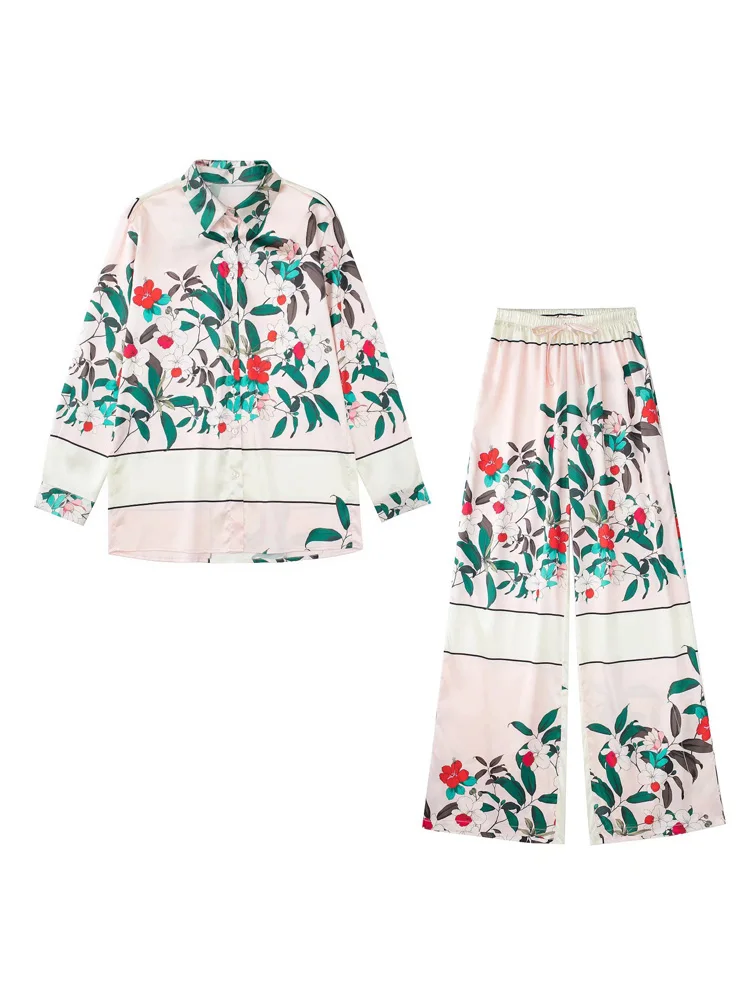 

2022 Summer Women Satin Suits 2 piece sets Fashion Loose Print Shirts Tops and Trousers Female Street Vacation Clothing