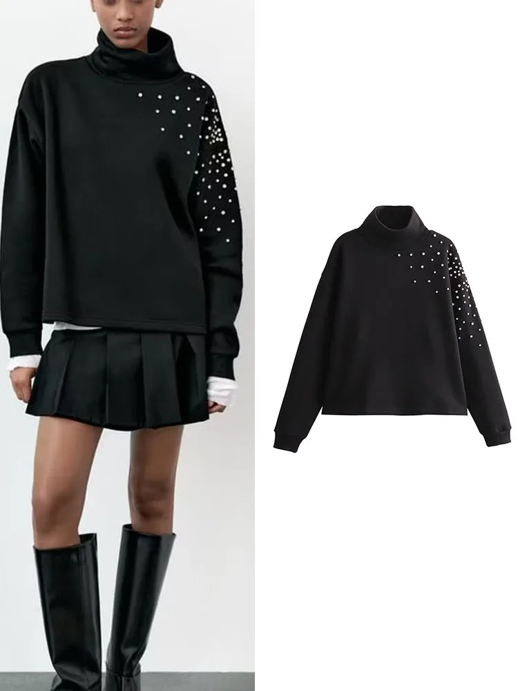 

TRAF Women Turtleneck Sweatershirt Shoulder Diamond Decoration Fall Winter 2023 New Female Casual Pullover Loose Sweatershirt