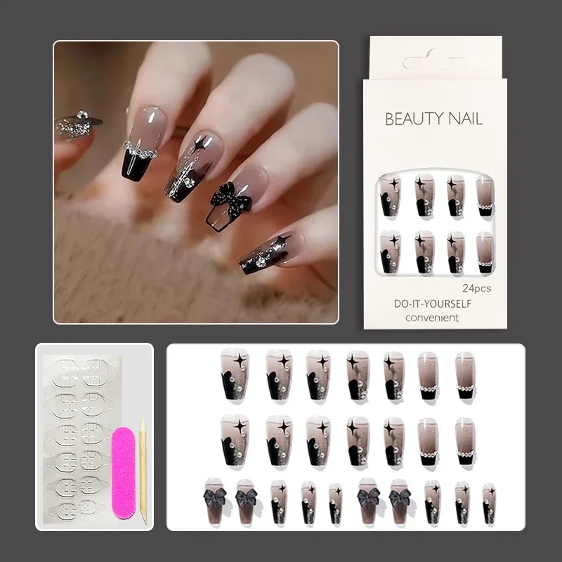 

24Pcs Fake Nail Wearing Set with Diamonds Full Cover Acrylic Press Nails Provide Tools Removable Wearing Fake Press on Nails Art