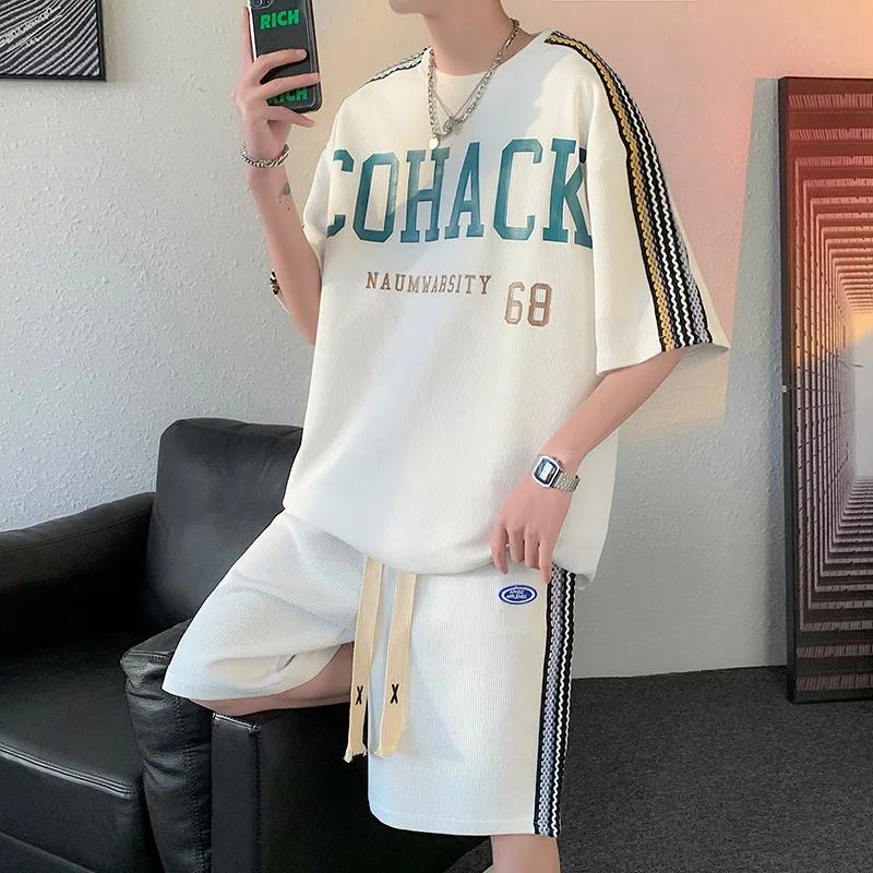 Men's Set 2 Pieces Summer Shorts and T-Shirt with Side Tape New in Matching Sets Short Sleeve Tee Sports Tracksuit Luxury Suit