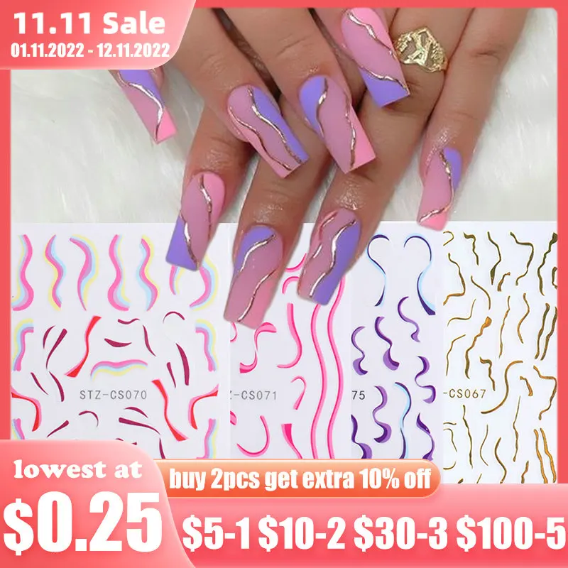 

3D Gold Pink Nail Stickers Abstract Swirl Wave Line Rainbow Stripe Graphic Slider French Tips Nail Foil Decoration NLSTZ-CS070