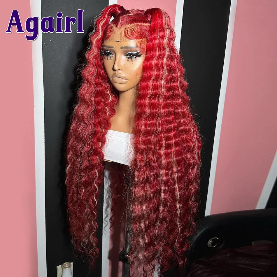 Cherry Red & Blonde 613 Stripe Highlights 13x6 13x4 Deep Wave Lace Frontal Wig 30 32 Inch Transparent Lace Front Human Hair Wigs