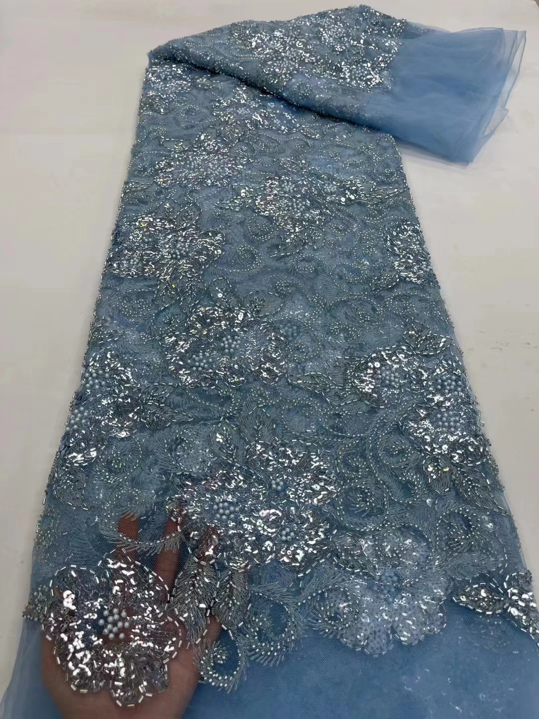 

New high-end lace embroidery mesh bead tube + pearl + sequins, luxury fashion evening dress cheongsam