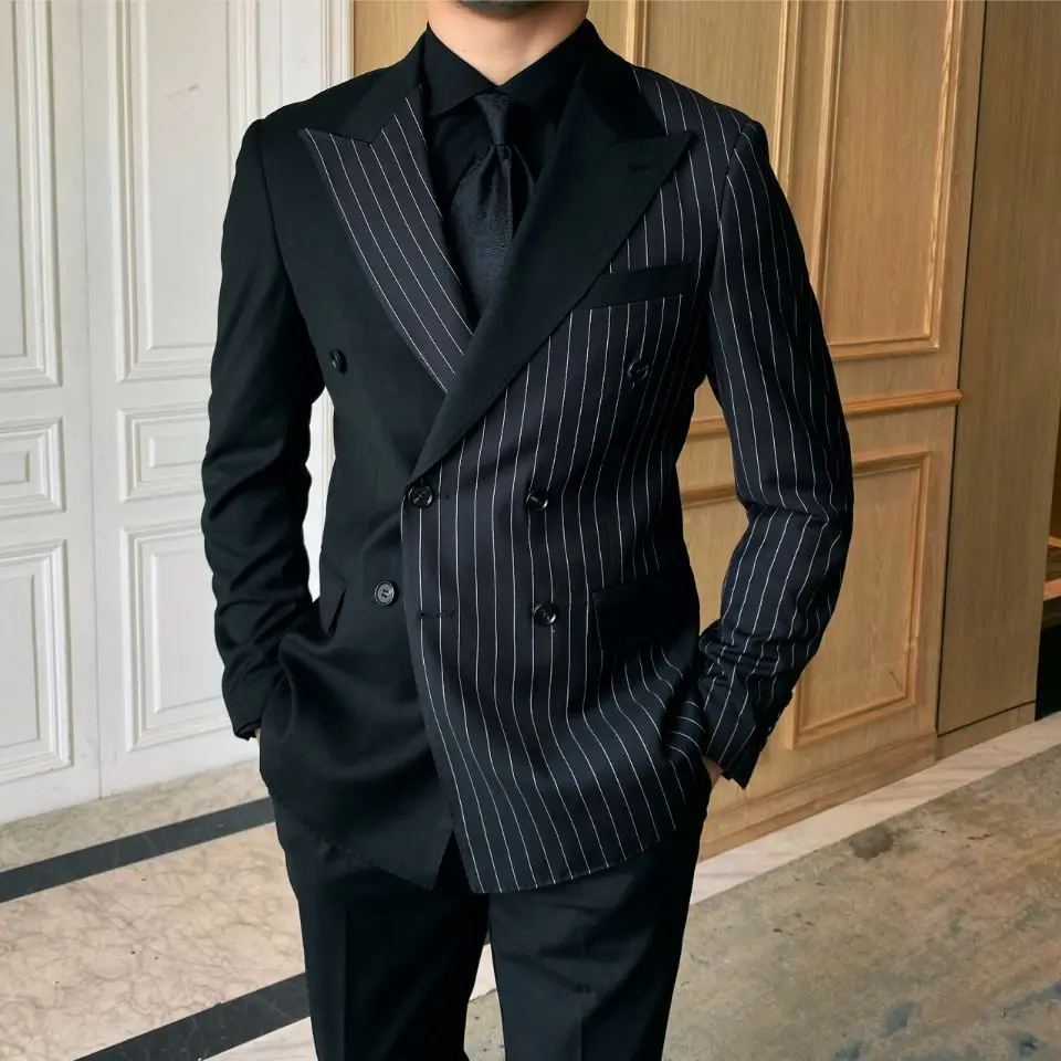 

Double Breasted Black Striped Mens Suits For Wedding Custom Made Groom Dress Tuxedos For Man Costume Homme Best Man Blazer Pants