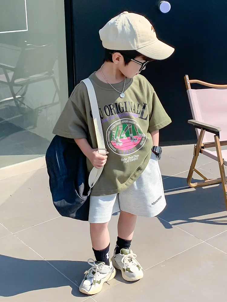 

Boys' Unisex Short Sleeve T-shirt Pure Cotton 2023 New Children's Skating Print Summer Half Sleeve T-shirt Top Girls' Wear