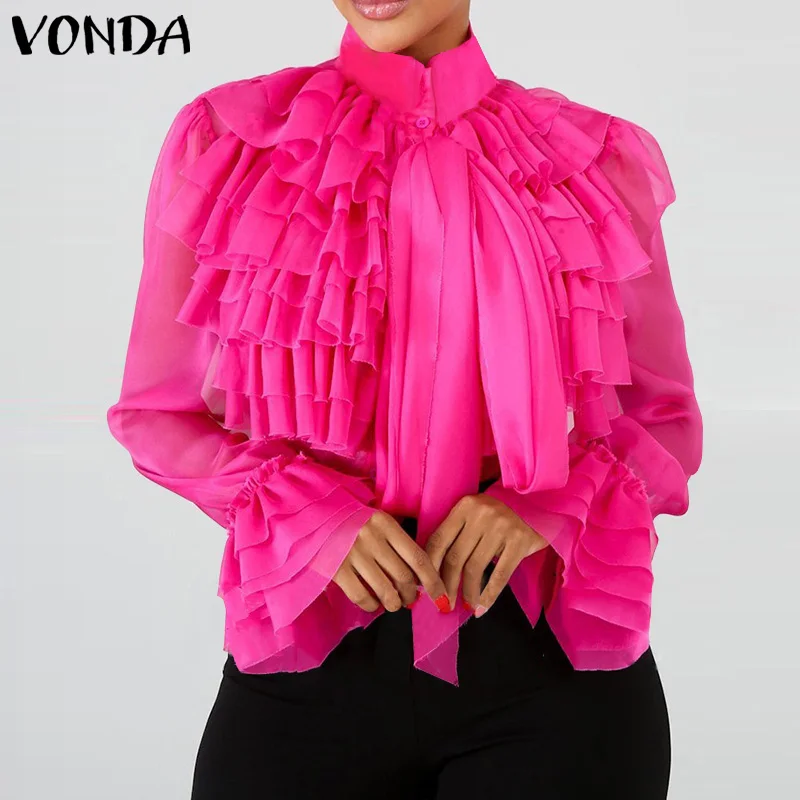 

VONDA Spring Women Fashion Ruffled Blouses Stand Collar Tunic Chemise Tops Loose Long Sleeved Button Up Bohemian Blusa Femininas