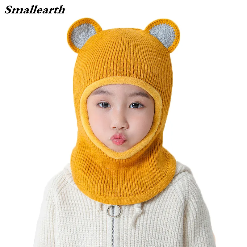 

New Winter Plush Kids Cap Beanies Baby Boy Hat with Pompom Balls Crochet Girl Mask Hooded Hat Scarf Children Knitted Caps Collar
