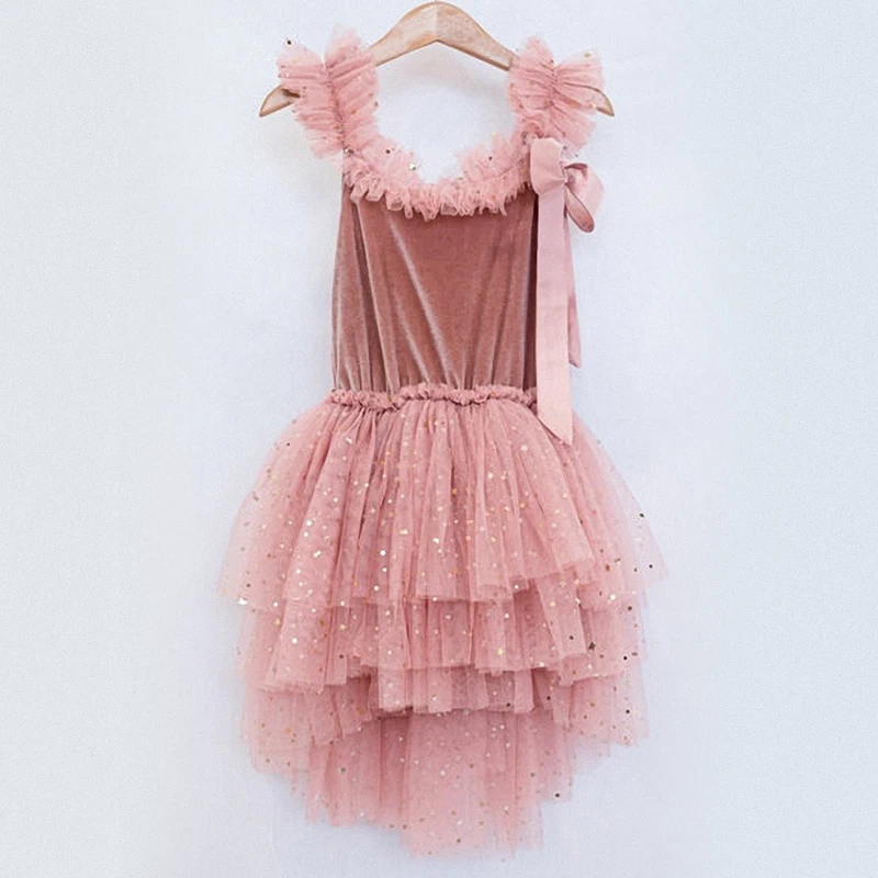 Baby Girl Pink Princess Dress Girls Fairy Tulle Sequins Dress Summer Children Clothing Flower Girl Dress For Wedding Party Cloth