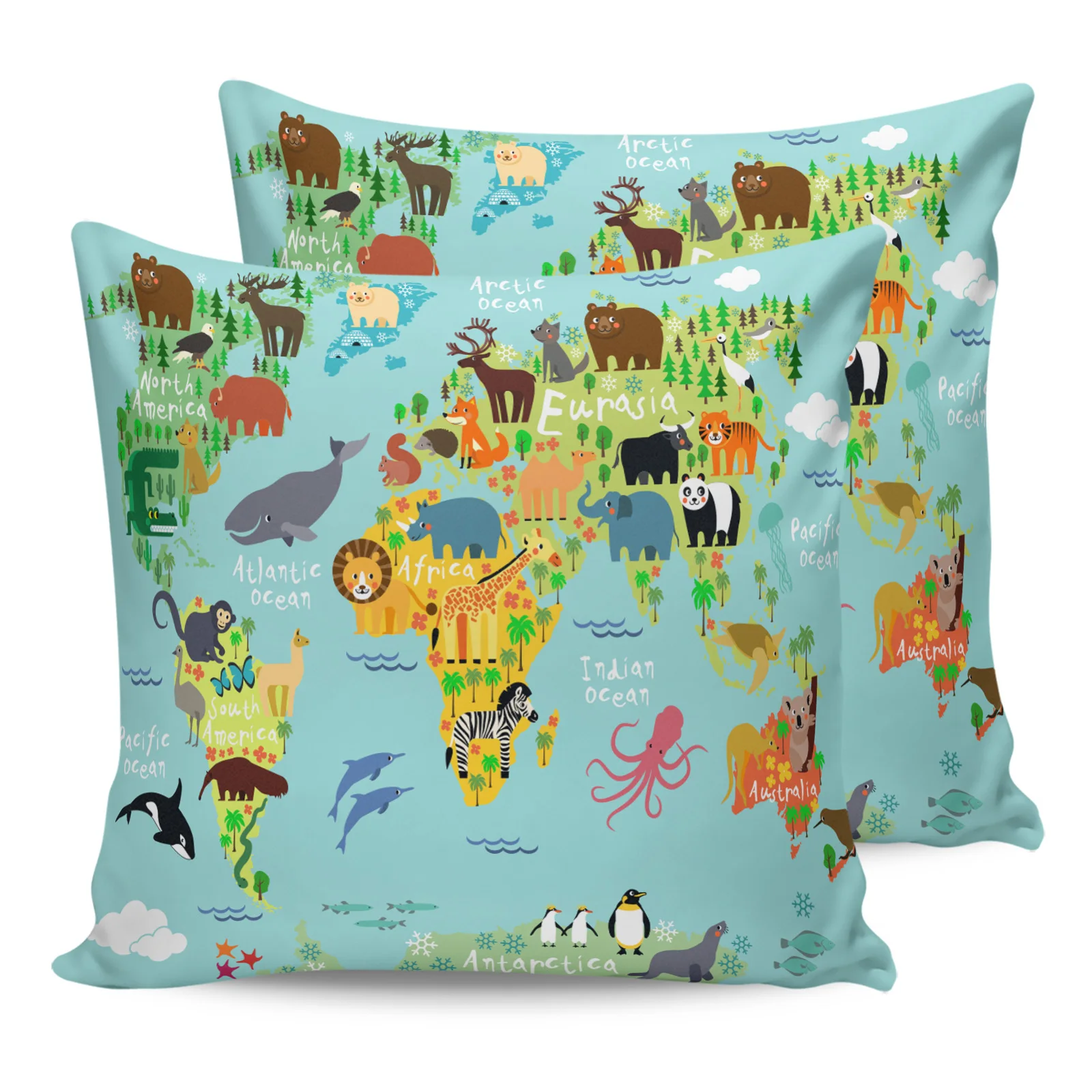 

2PCS Pillowcases Cartoon Animal World Map Cushion Cover Home Bedding Living Room Decorative Couch Throw Pillow Case