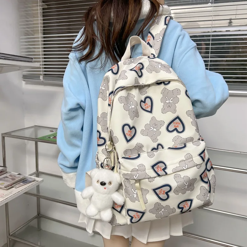 Qyahlybz school bag for girls high school cute printed bear ins backpack large capacity college students commuting backpacks