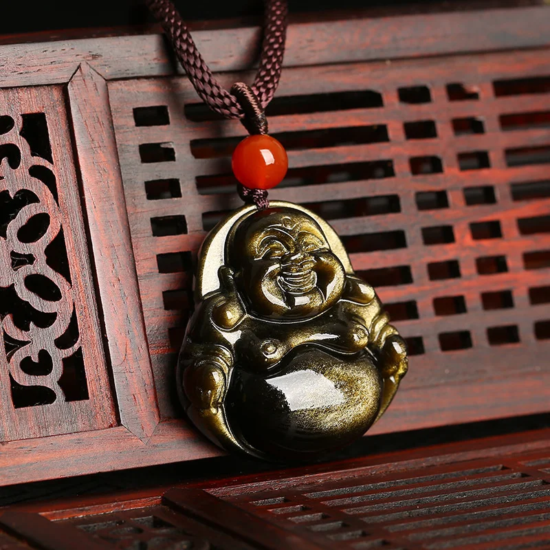 

Ожерелье с подвеской Будды из натурального золотистого обсидиана для мужчин и женщин, подвески по фэн-шуй, ручная резьба, счастливый амулет