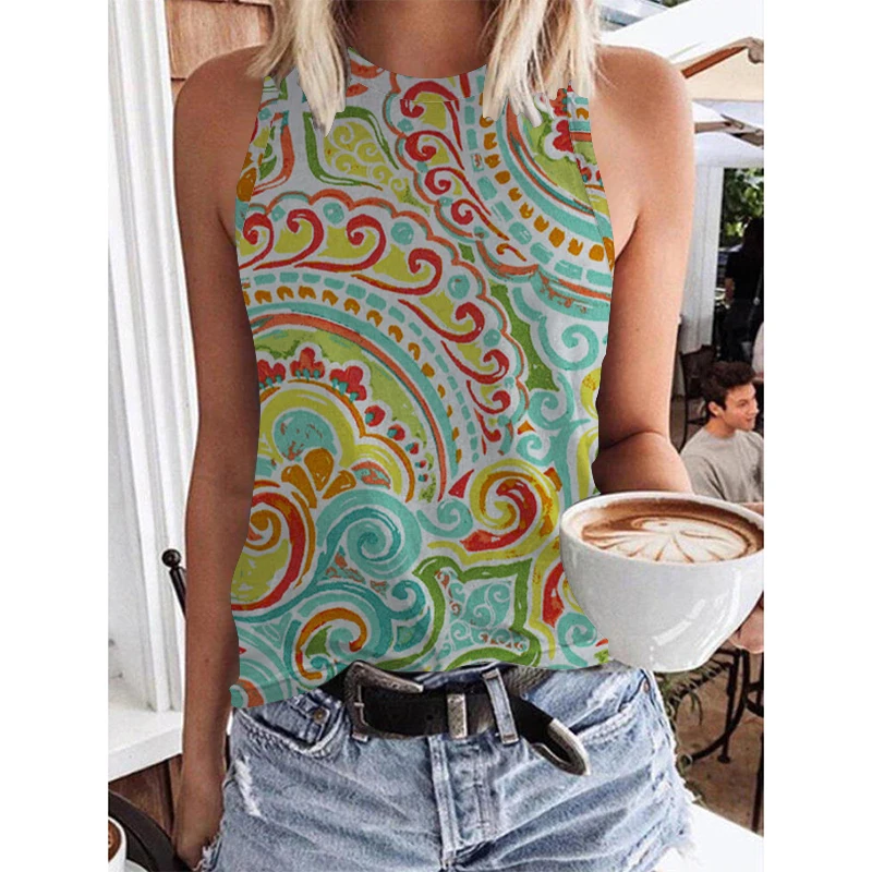 

Kanchii summer fashion print personalized bright color sleeveless o-neck tank top Slim Fit Design Women's street tank top women