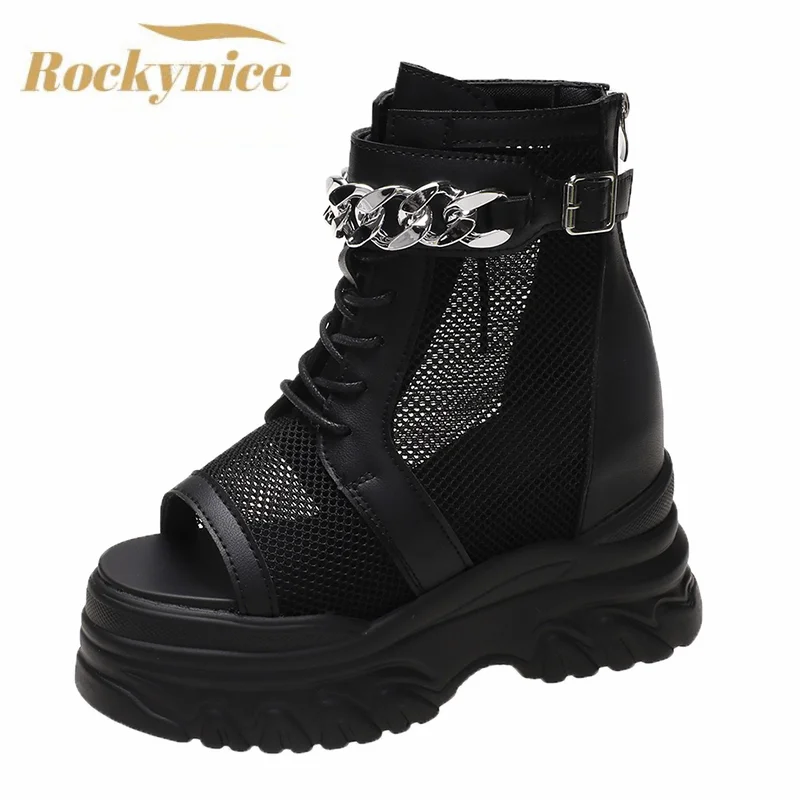 

Platform Sandals Women 2023 Summer Breathable Mesh Sneakers Wedges 10CM High Heels Hollow out Chunky Chain Shoes Sandalias Mujer
