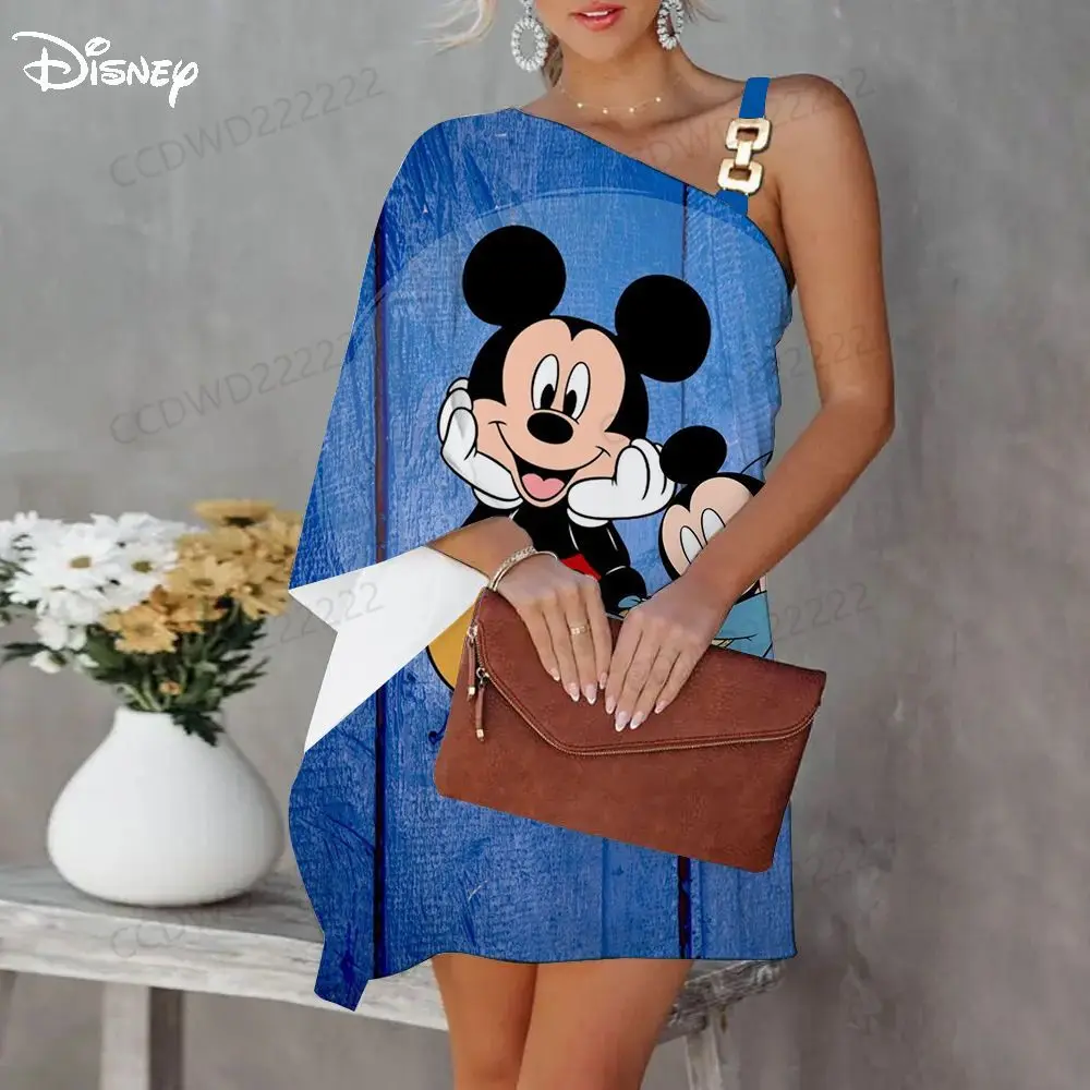 Diagonal Collar Summer Dress Woman 2023 Trendy Evening Dresses Disney Mickey Minnie Mouse One-Shoulder Elegant Women Party Sexy