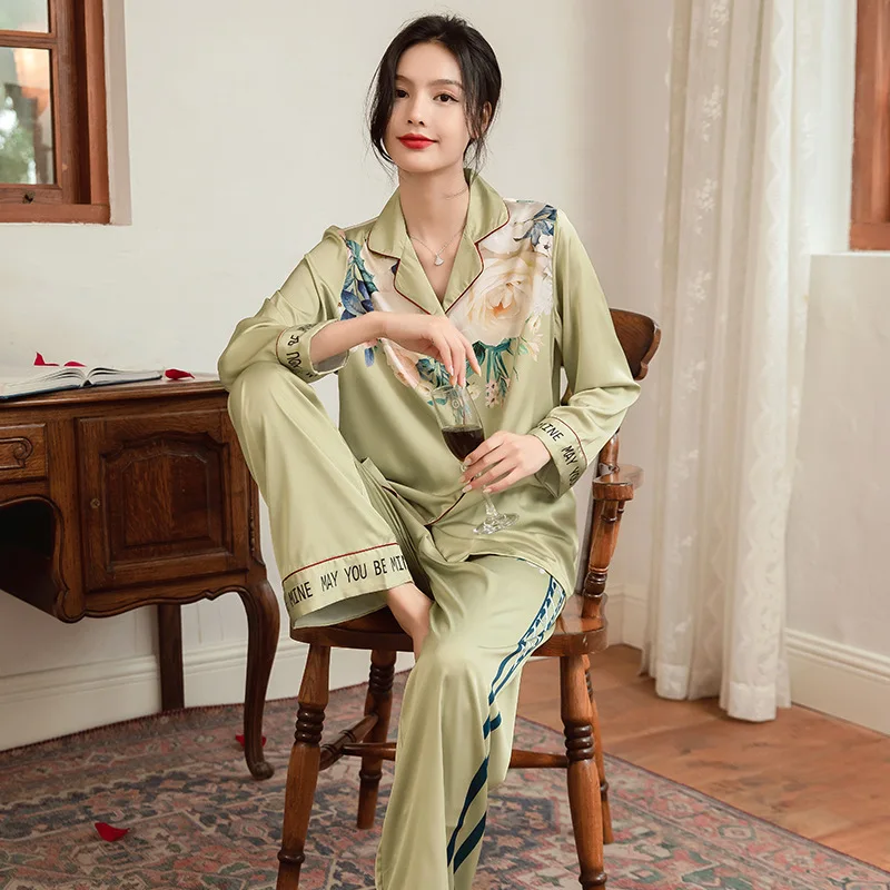 

Зеленый Женский пижамный комплект из 2 предметов с брюками, летняя атласная Женская домашняя одежда, весенняя одежда для сна с длинным рукавом, Пижама для женщин 2023