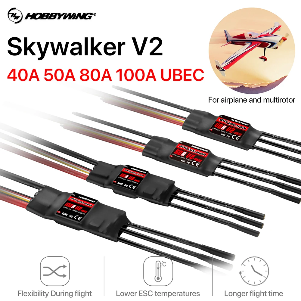 Контроллер скорости Hobbywing Skywalker V2 40A 50A 80A 100A бесщеточный ESC BEC с обратным разрывом для радиоуправляемого неподвижного крыла Контроллер скорости Hobbywing Skywalker V2 40A 50A 80A 100A бесщеточный ESC BEC с обратным разрывом для радиоуправляемого неподвижного крыла