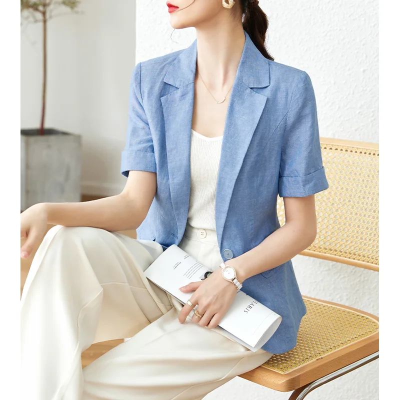 Vimly Women's Summer Thin Loose Blazers Suit 2023 Cotton Linen Short Sleeve Office Ladies Casual Professional Blazer Jacket