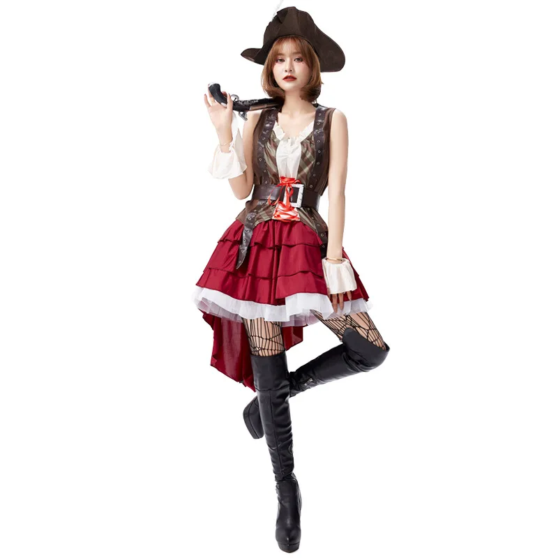 

Женский костюм на Хэллоуин для взрослых, косплей, Женский пиратский жилет с разрезом, плиссированная юбка-смокинг, сценическая одежда для представлений