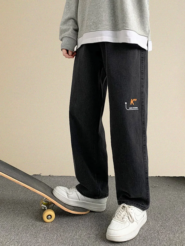 Printed Jeans Loose Fit Straight Leg Daily Casual Y2k Men Fashion Denim Trousers Black Light Blue Vintage Baggy Pants