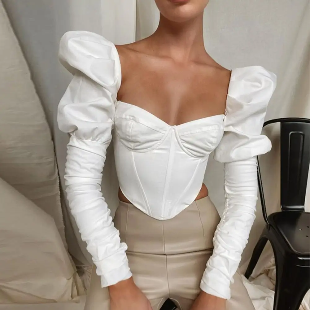 

Blouse Top Skinny Casual Female Square Collar Pleated Puff Long Sleeve Women Blouse Skinny Casual Female Cropped Corset Top 2022