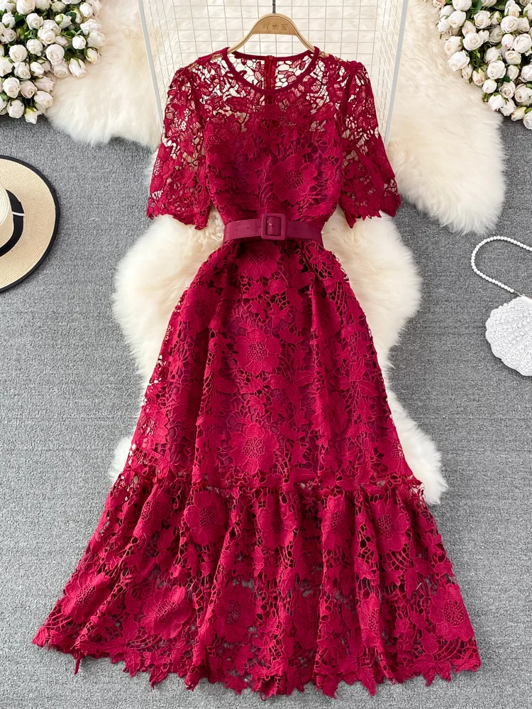 

Summer Hollow Out Lace Long Dress Women Sexy O-Neck Short Sleeve High Waist A-Line Vacation Beach Vestidos Female With Belt New