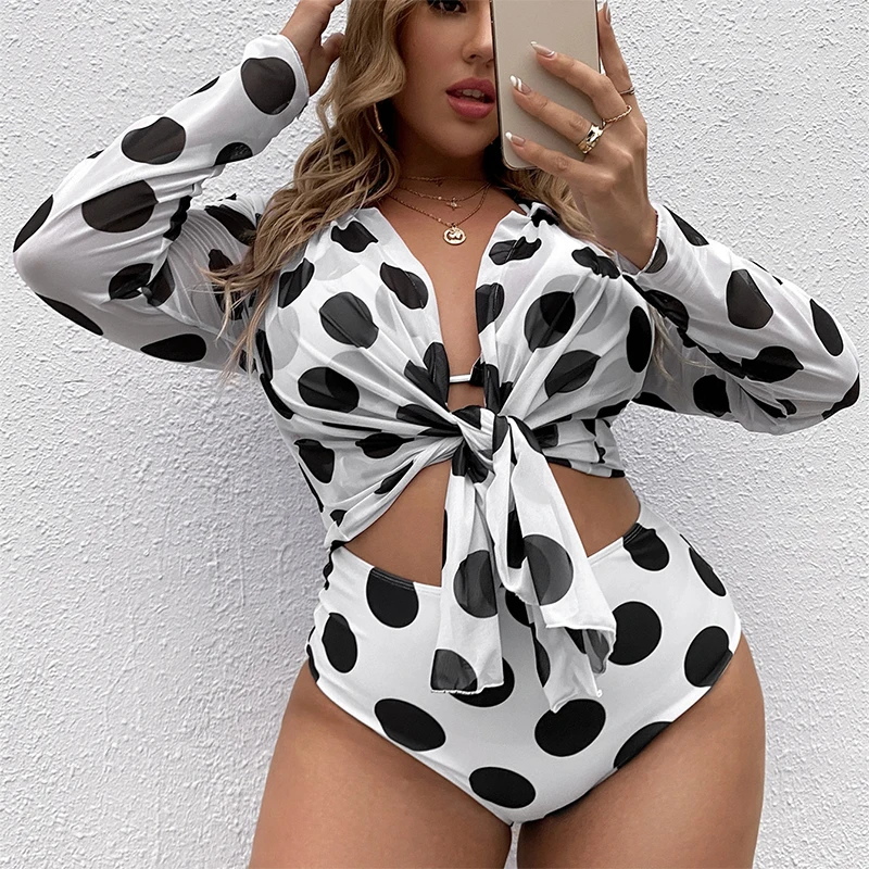 

Plus Size Dots High Waisted Bikini For Women's 3 Piece Swimsuit With Large Size Long Sleeves Cover Ups Swimwear Big Size Biquini