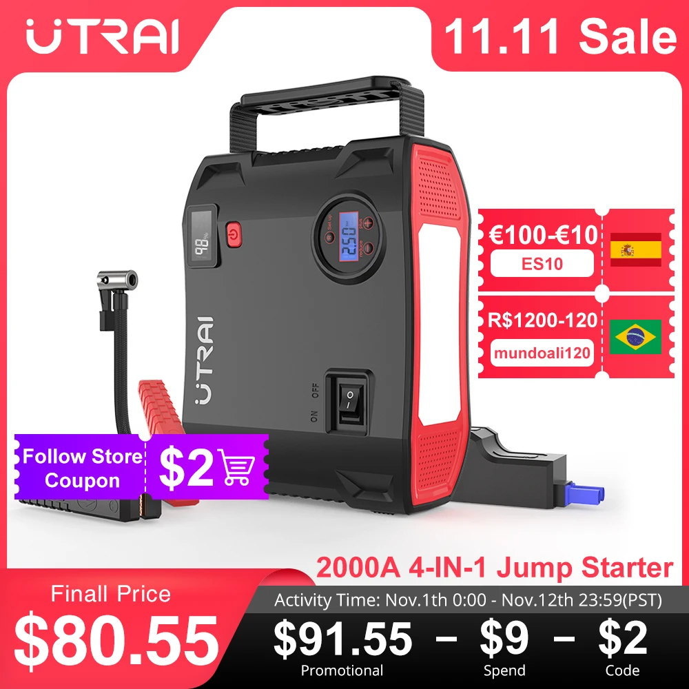 Цена UTRAI 4 в 1 Автомобильное пусковое устройство Внешний аккумулятор портативный воздушный компрессор насос мощная станция Стартер батареи 2000 А ... Скидка UTRAI 4 в 1 Автомобильное пусковое устройство Внешний аккумулятор портативный воздушный компрессор насос мощная станция Стартер батареи 2000 А ...