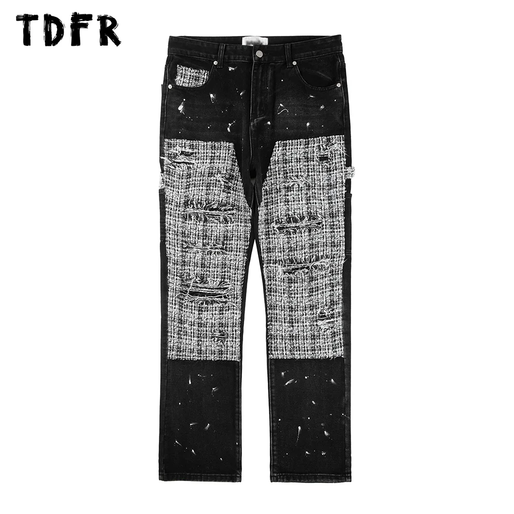 

Джинсы мужские рваные с распылителем, повседневные Простые брюки с прямыми штанинами в стиле пэчворк
