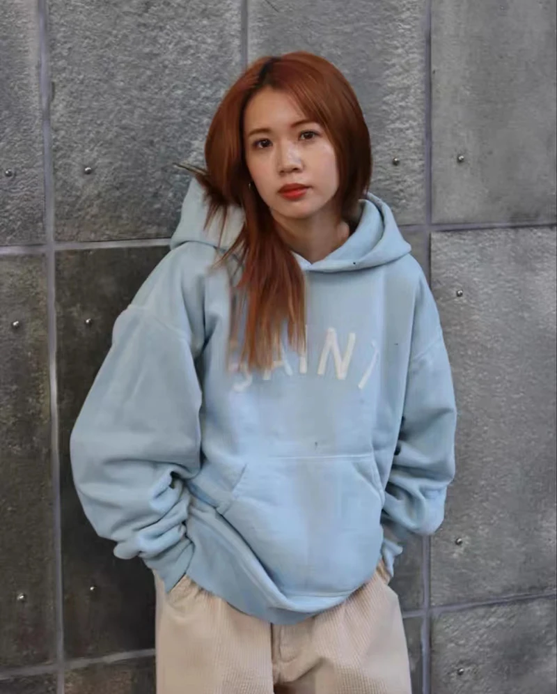 

2023SS Saint Michael Embroidered Letters Sky Blue Retro Hip-hop Hoodie High Street American Casual Oversized Fleece Sweater