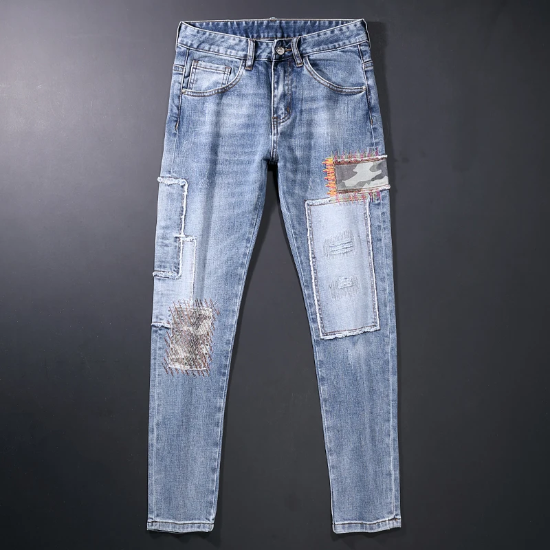 

American Streetwear Fashion Men Jeans Slim Fit Retro Light Blue Elastic Cotton Ripped Jeans Men Patches Designer Hip Hop Pants
