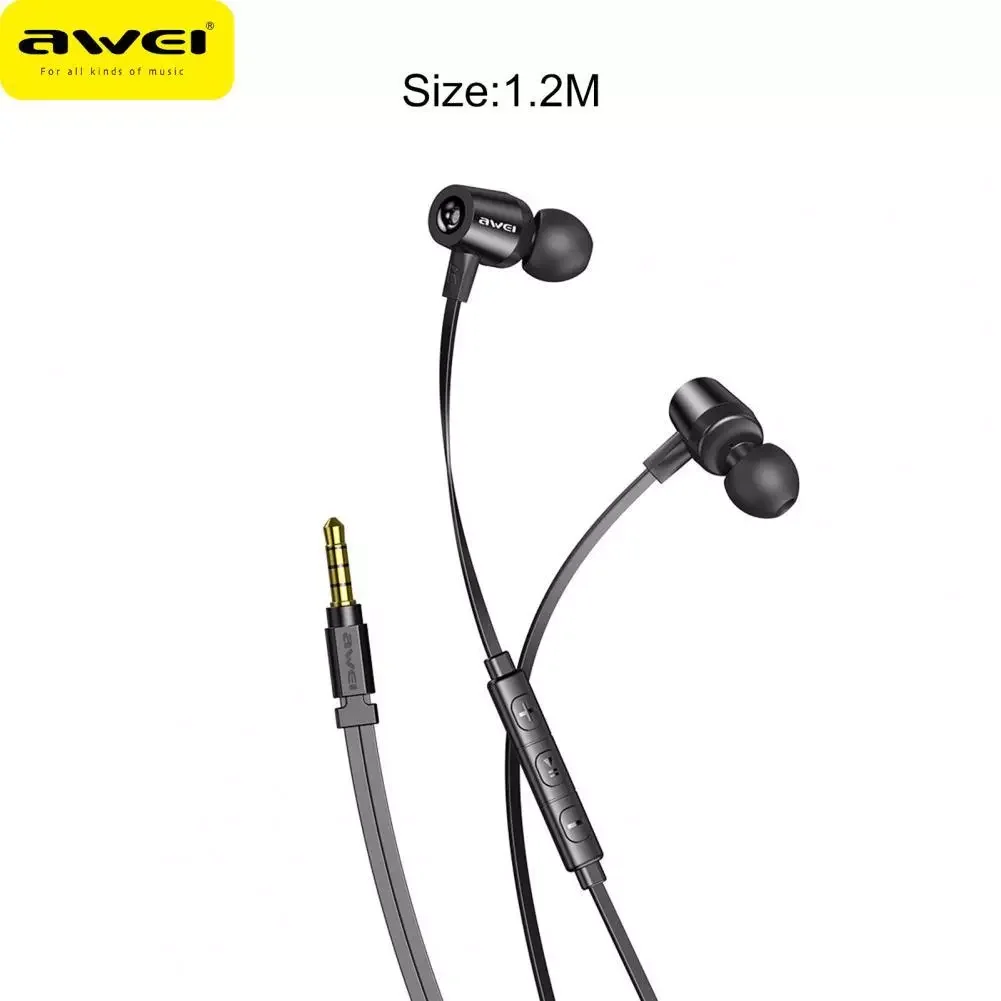 

AWEI Wired Earphone In-ear 3D Stereo Heavy Bass Sound Black Headphone with Mic for MP3 1.2m Length Durable Sport Earbuds