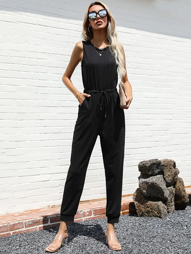 

2022 весна лето новый женский сплошной цвет без рукавов с высокой талией Повседневный Универсальный шикарный комбинезон для моды