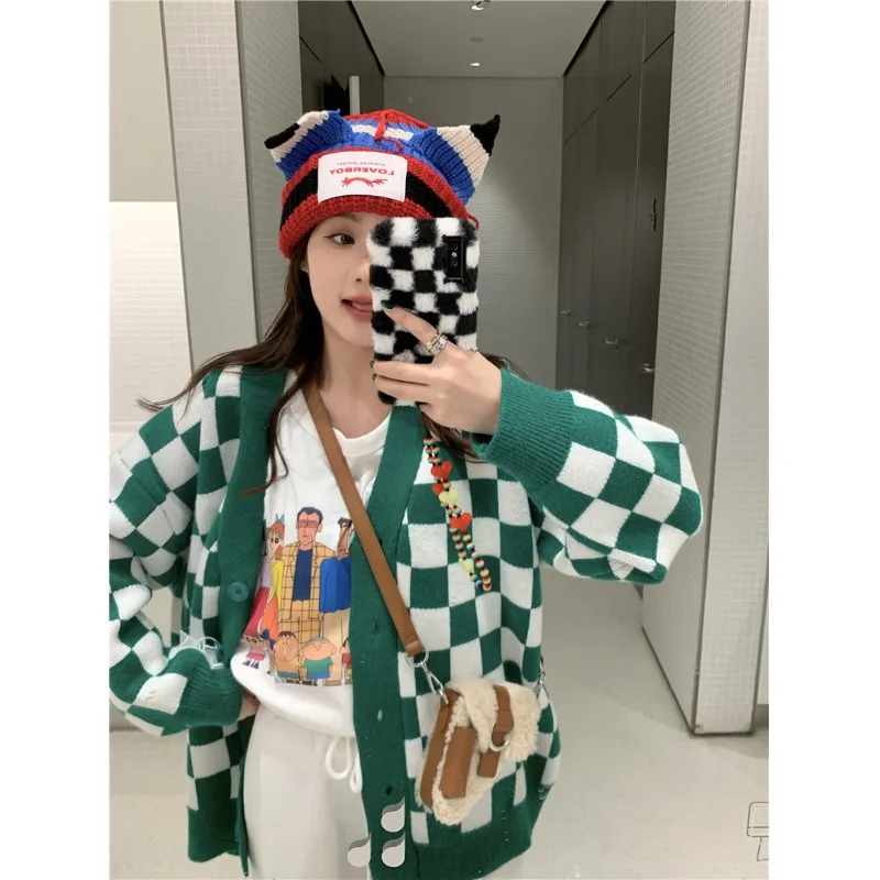 

Korobov Y2k Cardigans Vintage Checkerboard Sweater Thick Autumn Winter Clothes Women Knitwears Korean Fashion Sueters De Mujer