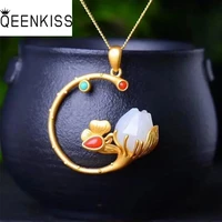 qeenkiss nc5304 fine jewelry wholesale fashion woman bride mother birthday wedding gift vintage lotus jade 24kt gold necklace