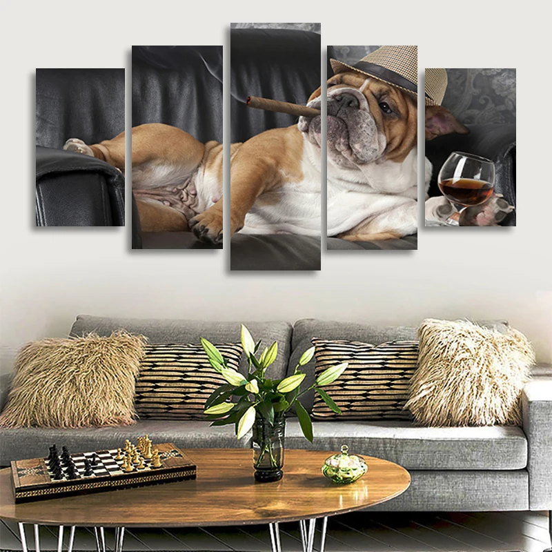 

Bulldog Smoking Cigar 5 Pcs Art Canvas Painting in The Wall Animal Posters and Prints Wall Art Picture for Living Room Home Deco