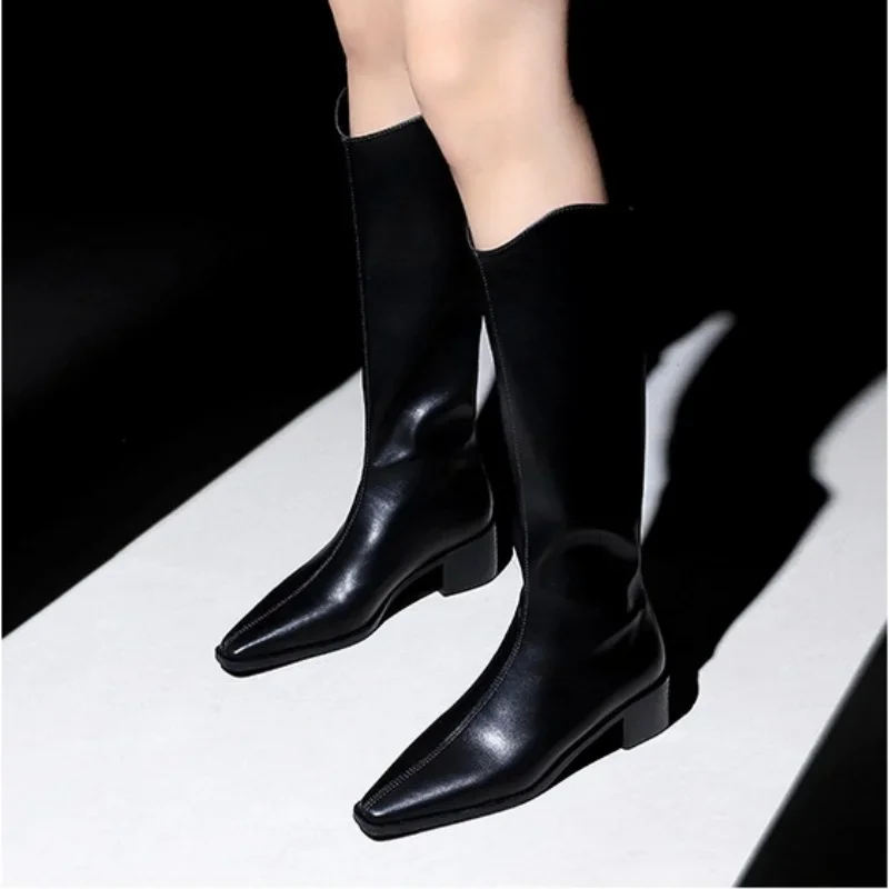 Женские модные длинные сапоги на квадратном каблуке с острым носком зимние до