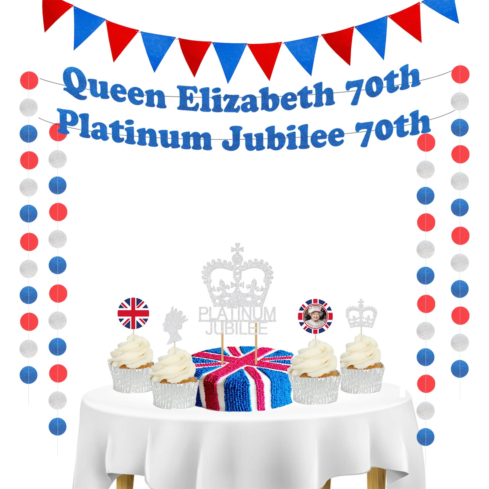 

Queen's Jubilee Bunting Banner Cake Toppers Union Jack Flag Crown Cupcake British Platinums Jubilee Party Decorations Set