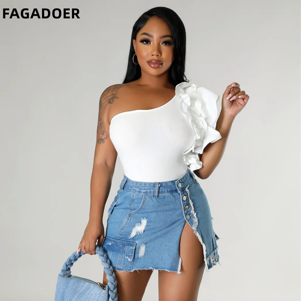 

FAGADOER Fashion Denim Bodycon Skirt Women High Waist Vintage Button Side Slit Mini Skirt Female Solid Color Tassel Bottom Retro