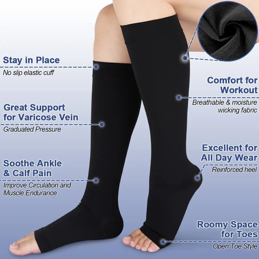 

1 Pair Open Toe Calf Compression Sleeves Socks for Women Men Firm 20-30 mmHg Graduated Support Hosiery for Varicose Veins Edema
