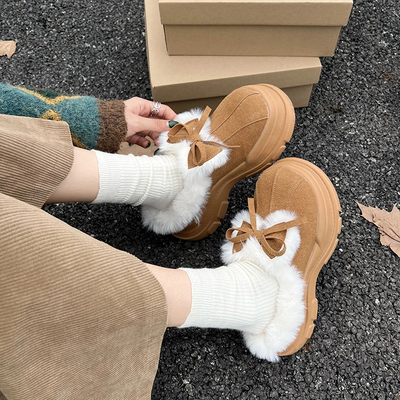 Женские зимние ботильоны на меху с бантом хлопковые тапочки платформе и плоской