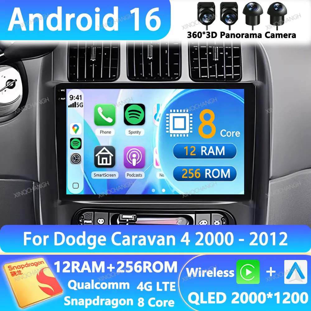 Фото Автомагнитола Android 16 для Dodge Caravan 4, для Chrysler Grand Voyager RS 2000-2012, головное устройство Qualcomm QLED, 4G LTE, 5G WIFI, 2DIN №1