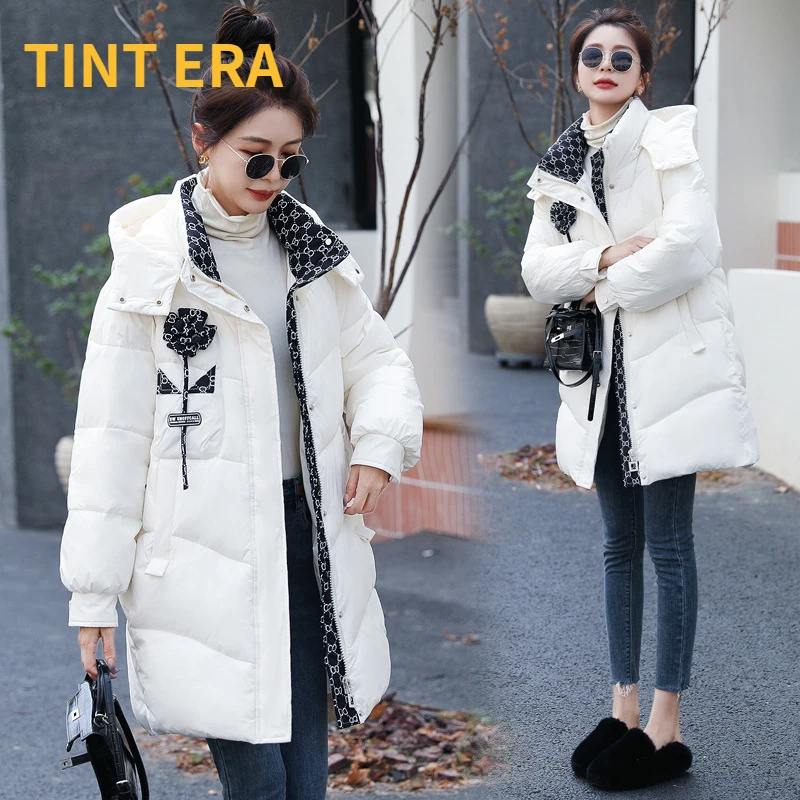 

TINT ERA Women's Korean Fashion Down Cotton Jacket Autumn Winter White Middle Long Hooded Coat Thermal Coat For Women Femme