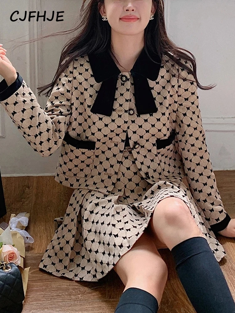 

Korean Patchwork Party Kawaii Set 2022 Autumn Elegant Two Piece Set Women Y2K Vintage Print Designer Mini Skirt Suits Female