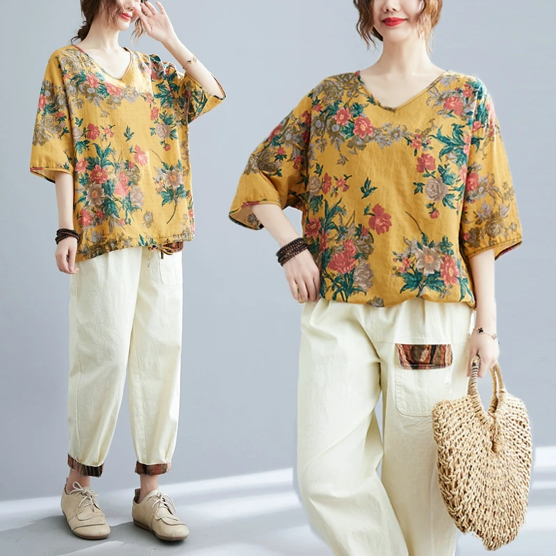 

Yellow Cotton Linen Printed V-neck T-shirt Bandage Loose And Versatile Top Women's Fashion
